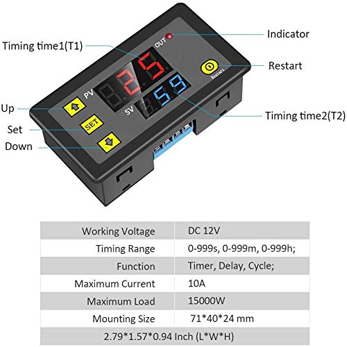 12V Cycle Timer Delay Dual Display Relay Module 0-999 hours//minutes//seconds