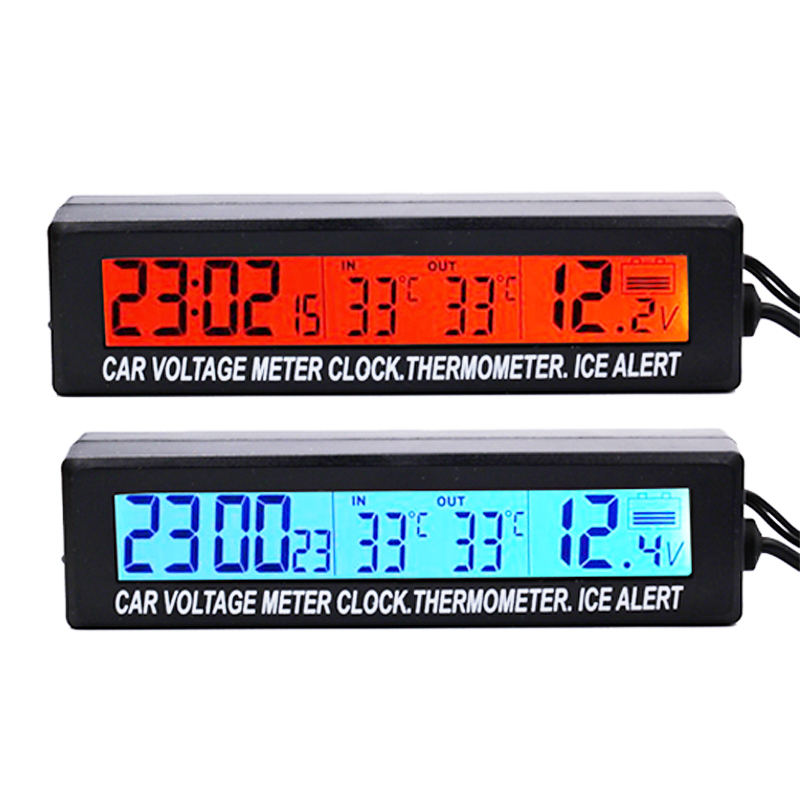Car Temperature Clock - Car Clock 12V 3 in 1 Thermometers Voltmeter Gauge  Electronic Clock LED Digital Display LCD Screen